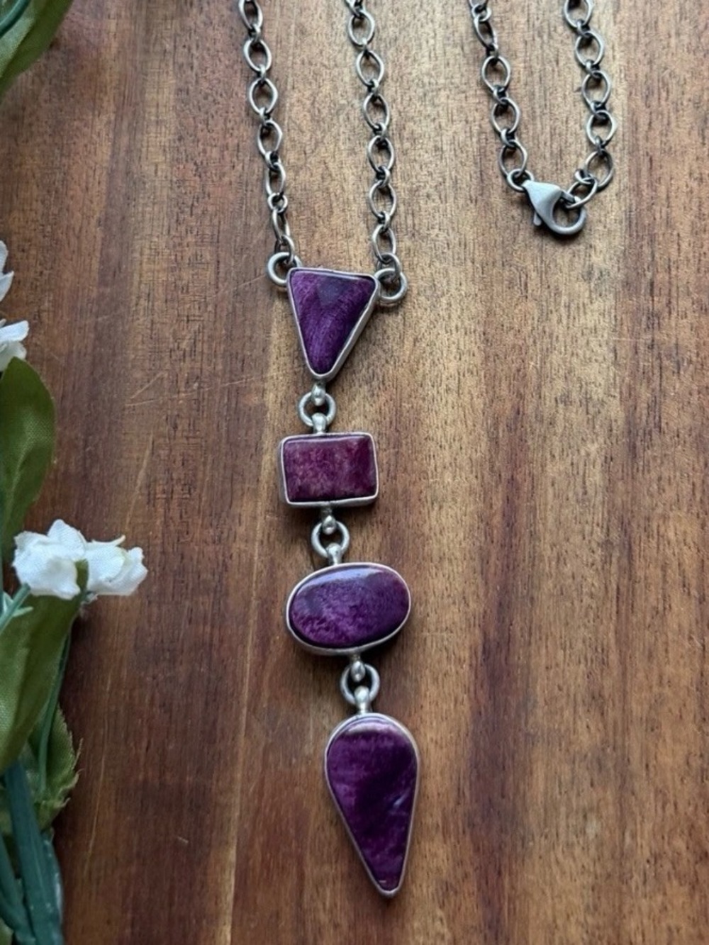 Navajo Sterling Silver Purple Spiny Oyster Lariat Chain Necklace C Shorty